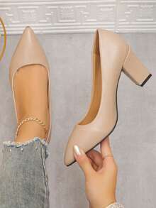 法式时尚尖头粗跟办公室高跟鞋，优雅百搭纯色正装鞋，适合面试、通勤、婚礼、派对 - 杏色 - 查看 4