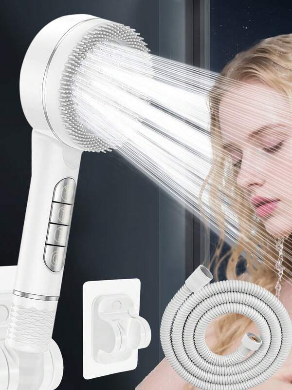 (Tête de douche simple / Ensemble de 3 pièces) Tête de douche pressurisée filtrée à 4 réglages en ABS pour usage domestique avec tuyau en acier inoxydable de 1,5 m et support mural en ABS