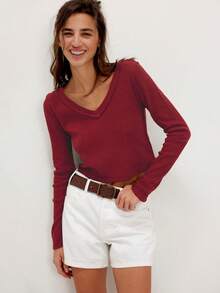 Solid Color Fitted V-Neck Long Sleeve Waffle Knit Casual Top