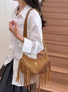 复古棕色流苏包，独特设计，复古西部仿牛仔风格，小众波西米亚斜挎包，用途广泛，适合女性 - 棕色 - 查看 6