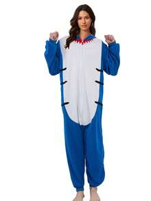 Unisex Shark One Piece Pajamas Hooded Cartoon Jumpsuit Fall Winter Christmas Animal Cosplay One Piece Pajamas, Funny One Piece Outfit For Halloween  Party - 寶藍色 - 查看 4
