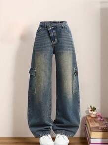 Vintage Wash Asymmetrical Waist Multi-Pocket Loose Fit Jeans For Girls