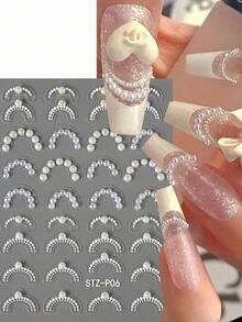 1pc Stickers For Nails With High Gloss Pearl Jewelry French Line Decoration Art Slider Holographic Self-Adhesive Tips Decals DIY Manicure Accessories Supplies - White - View 2