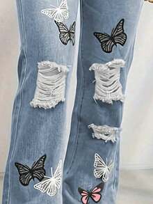 Tween Girl Butterfly Print Distressed Straight Leg Casual Jeans - Light Wash - View 4