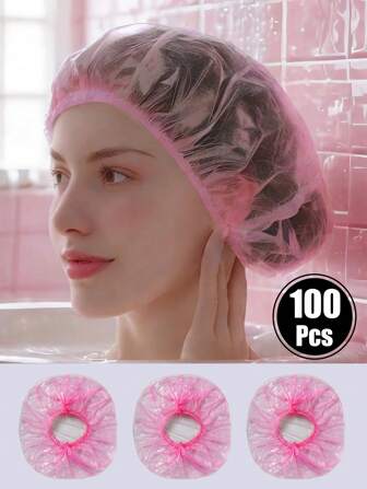 100 piezas Gorros de ducha desechables, gorros de plástico transparente, gorro, gorro de ducha, accesorios de ducha, accesorios de baño, baño, económico, gorros de baño impermeables y elásticos para tratamiento del cabello, tinte para el cabello, spa, hotel, viaje y uso doméstico, artículos esenciales para volver a la escuela