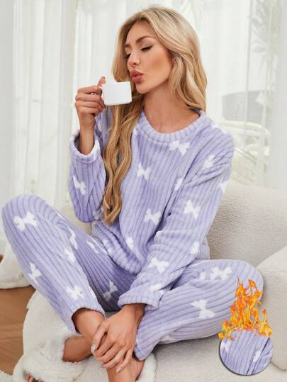 Thickened Fluffy Pajama Set, Minimalist Bow Homewear, Long Sleeve Top Pants, Indoor Outdoor Wear, Fall Clothes, Cozy