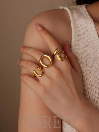 GEREIT Set de 3 anillos abiertos de acero inoxidable de 18K con letras lisas, adecuado para uso diario de mujeres