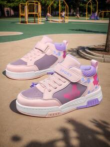 1 Pair Kids' Skateboard Shoes, Plaid Pattern, PU Upper, Patchwork, Contrast Color, Fashion Mid-Top, Hook And Loop, Butterfly Print, TPR Anti-Slip Outsole, Street, School, Elementary Girls, Casual - Dusty Pink - View 3