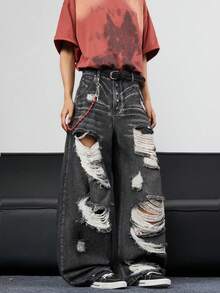 1pc Vintage Distressed Ripped Infinite Jeans, Loose Fit Flare Leg Washed Denim Pants (Excluding Belt And Accessories) - Black - View 7
