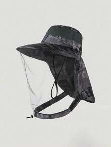 1 Peça Chapéu Balde Camuflado Masculino com Máscara Facial de Tela - Proteção UV e Repelente de Mosquitos para Pesca, Caminhada, Camping