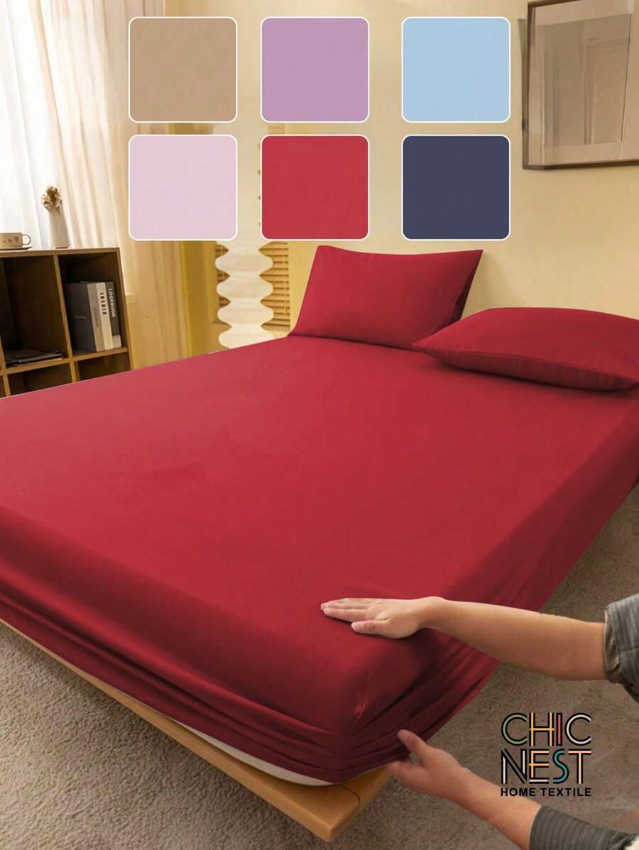 1pc Solid Color Red Wine Burgundy Fitted Sheet, Mattress Protector, Mattress Cover For Bed, Bed Sheet, Soft And Breathable, For All Size Bed -Twin, Full, King, Queen Size Sheet Deep Pocket Up To 11.8 Inch Home Textile - Burgundy - View 1