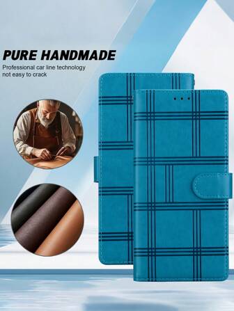 GLANDOTU Blau kariertes Luxus Retro PU Kunstleder Geldbörsen Hülle mit Handyhalter, Klapphülle mit Kartenfächern und Magnetverschluss, geeignet für verschiedene Marken und Modelle von Handy.