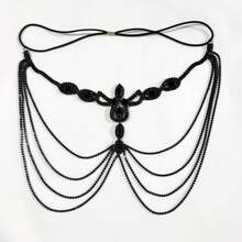 1pc Exaggerated Rhinestone Black Tassel Mask, Mysterious Face Decor Hair Accessory For Women, Party/Masquerade - Black - View 5