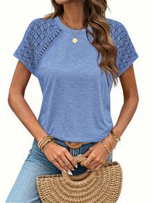 3pcs Women's Summer Blouse Set, Elegant Casual Work Top, Fashionable Lace Round Neck Short Sleeve T-Shirt