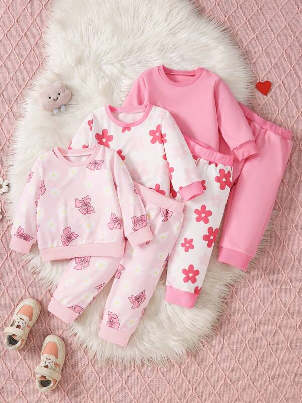 6pcs/Set Toddler Girls Sweet Princess Style Outfit Set, Includes Floral, Bowknot And Solid Color Designs, Soft And Skin-Friendly, Suitable For Daily Wear & Casual Lounging, Spring/Autumn