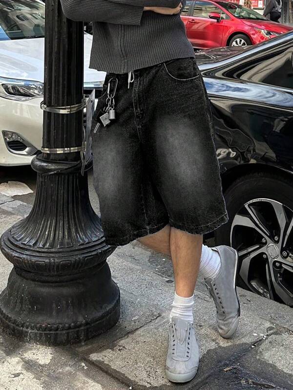 American Streetwear Style Washed Gray Denim Shorts For Men, Loose Straight Fit Summer Jorts