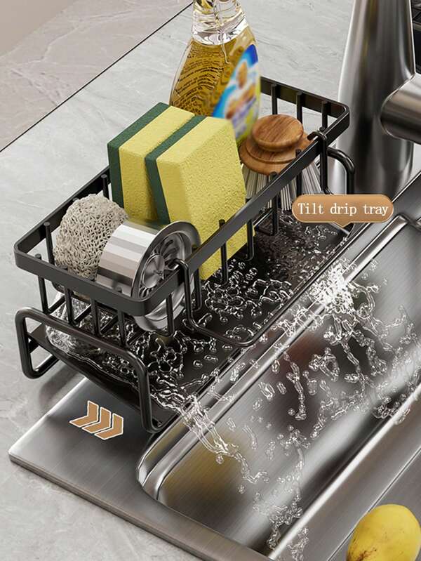 1pc All-In-One Kitchen Sink Organizer With Drain Rack - Space-Saving Under Cabinet Storage For Sponges, Dishcloths & Brushes, Durable Plastic, Compact Design For Modern Kitchens