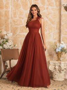 MOEVIO 女式不对称单肩交叉领口薄纱露背 A 字正式长款伴娘婚礼宾客活动礼服，适合夏季情人节生日礼服、秋季女士连衣裙、返校节生日女士服装 - 玫紅色 - 查看 8