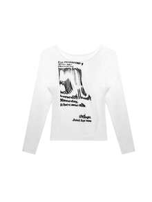 Casual Asymmetrical Slogan Print Long Sleeve T-Shirt, Autumn