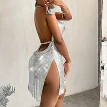 Sexy Silver Metal Party Short Dresses Woman Shiny Chainmail Dress Backless V Neck Halter Evening Bodycon New In Stylish - 粉色 - 查看 3