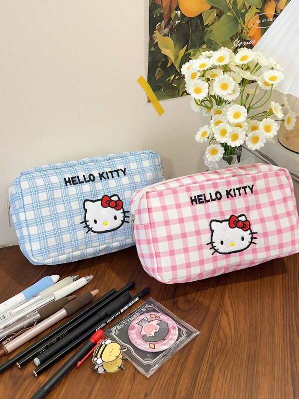 Sanrio Hello Kitty Fresh Blue Checkered Handbag For Women, New Fashionable And Stylish Fabric Bag For Casual Wear, Blue Checkered Kt Cat Small Square Bag, Portable Sanitary Napkin Storage Bag, Coin Purse, Makeup Bag, Handbag, Storage Small Bag