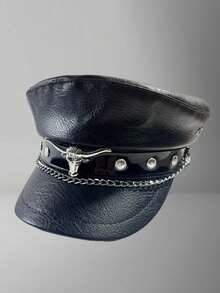 Unisex Couple Beret Hat, Suitable For All Seasons, Original Design, Rock Fashion, Leopard Print, Navy Blue Beret, Personalized Rivet Leather Buckle, Retro Leather Newsboy Cap, Metal Spider Decoration, Punk PU Leather Distressed Octagonal Cap - Butterfly - View 11