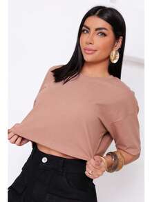 Women's Basic Cropped T-Shirt In Plain Cotton Knit - 卡布奇諾 - 查看 2