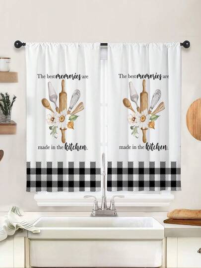 2 件新款餐具印花厨房窗帘，无孔窗帘，短窗帘，适用于卧室办公室厨房客厅书房家居装饰