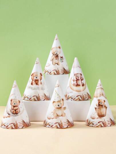 6 件棕熊主题生日纸帽、迷你派对 DIY 帽子、混合棕熊生日帽、棕熊生日装饰、宝贝淋浴装饰、性别揭示装饰派对帽、派对照片道具装饰、生日礼物、派对回礼、派对休闲手工艺品
