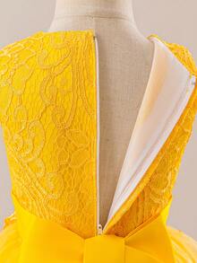 Girls' Lace Patchwork Princess Dress With Handmade 3D Floral Decor, Tulle Skirt, Ballet Dance Recital Costume, Elegant Party Dress, Simple Solid Color Layered Mesh Maxi Dress With Bowknot Back For Kids - Yellow - View 6