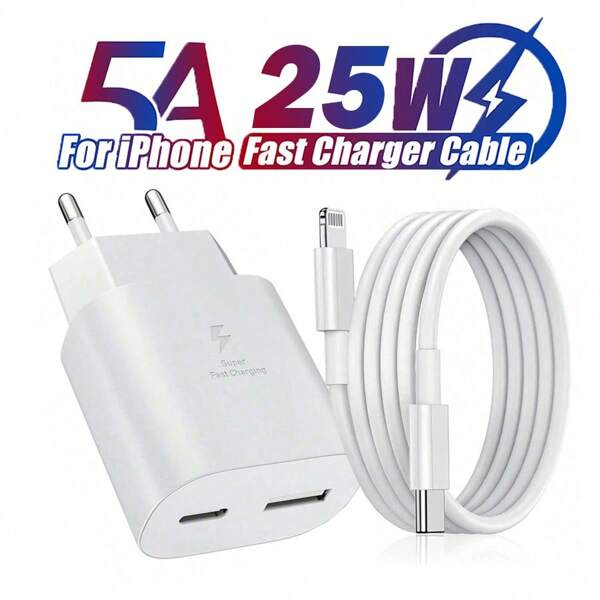 PD25W Dual Port Fast Charging Adapter And Charger Kit With 3.3ft/6.6ft Efficient Data Transfer And Charging Cable, Compatible With IPhone 14 Pro Max/14 Pro/14 Plus/14/13/11/Xs/8/7/6/IPad Series Efficient Fast Charging Adapter Kit, PD 25W Multifunctional Protective Wall Charger, USB-A/Type-C Dual Port Fast Charging Charger Suitable For Multiple People Charging, Multiple Devices Charging, Home Charging Needs, And Office Desks Phone Charger Multi-Port