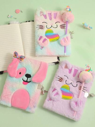 1 Cuaderno con candado de gato de dibujos animados, diario de escritura con animal lindo y peludo como regalo para niños