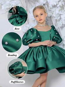 Young Girl Green Pearl Puff Sleeve Bowknot Party Dress, Elegant Princess Dress Suitable For Girls Birthday Party, Christmas Party, Wedding, Flower Girl, Holiday Celebration