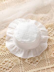 2pcs Set Elegant & Cute Baby Girls' Dress Romper, Soft, Breathable, Comfortable, Bow Decor Solid Color Ruffle Layered Dress Romper & Sun Hat, Suitable For Casual, Daily, Vacation - White - View 8