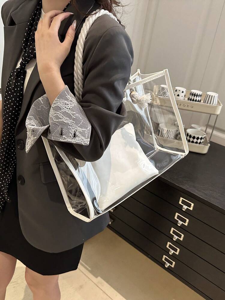 2pcs/Set Fashionable Color Block Transparent Beach Tote Bag For Women - White - View 5
