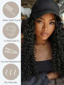 长发棒球帽，长而古怪的卷发，合成假发，配套假发，可调节帽子，优雅女士棒球帽假发和长非洲卷发，合成高温纤维假发可调节弹力网帽，所有多功能款式 - 黑色帽子+假发组合