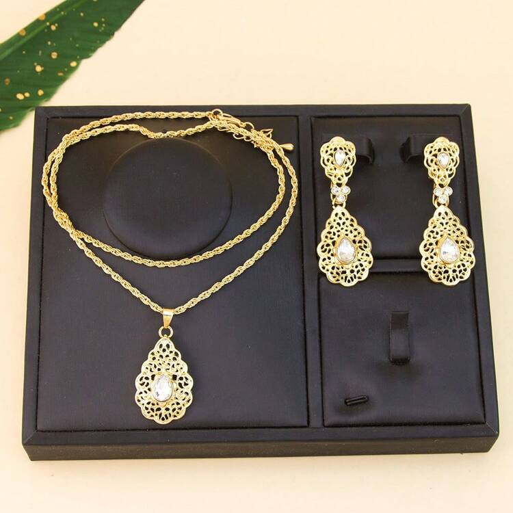 1 Set Water Drop Pendant Earrings Necklace Combo, Middle Eastern Moroccan , Colorful Rhinestone Inlaid, Minimalist Design, Suitable For Vacation, Party, Traditional Festivals - Water Drop Set - View 12