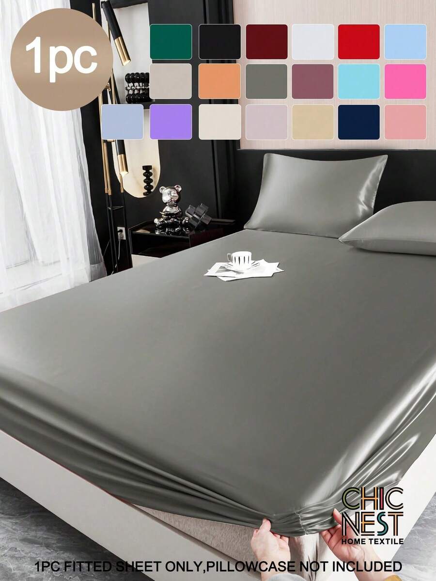 1PC Solid Color Dark Grey Satin Fitted Sheet Simulation Silk Fitted Sheet With 1pc Fitted Sheet  Valentine's Day Mattress Cover For Bed, Bed Sheet Modern Soft Bedding Set For Household King Queen Full Twin Size  Sheet Bedspread Deep Pocket Up To 11.8 Inch Breatheable Wrink-Free Better For Sleep, Machine Washable