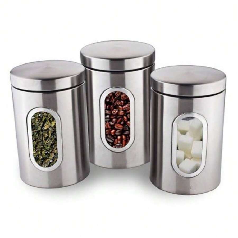 3pcs tarros herméticos de acero inoxidable para té caramelos café especias juegos de tarros cocina almacenamiento hermético organizador multifuncional resistente elegante fácil limpieza - Plateado - Ver 1
