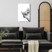 1pc Framed Canvas Poster, Sneaky Cat Wall Art Canvas Paintings, Ideal Gift For Bedroom Living Room Corridor, Wall Art, Room Decoration - 白色 - 查看 4