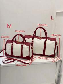 1pc Canvas Contrast Color Patchwork Fashion Duffle Bag,UnisexTravel Luggage,Suitable For Overnight Stay, Commuting,Short-Distance Travel(Small Size Fo R Commuting,Large Size For Short-Trip) Travel Essentials Holiday Vacation Luggage Suitcase Travel Bag For Women - Burgundy - View 11