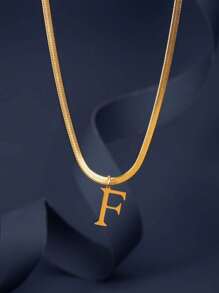 1pc European & American Fashion 26 Letter Pendant Blade Chain Necklace, 18K Gold Plated Stainless Steel, Non-Fading, Suitable For Women Everyday & Holiday Wear