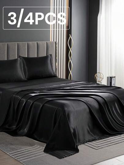 3/4pcs Satin Fitted Sheet Set, Bedding Set, Bed Sheets, Solid Color Bed Sheet Set, Black Bedding Set, Mattress Cover Set, Skin-Friendly Bed Cover Set,  Soft And Comfortable Bedding, 1pc Flat Sheet, 1pc Fitted Sheet With 1/2pcs Pillowcase, Deep Pocket, For Single/Twin/Full/Queen/King Bed Sizes, Luxury Bedding, Machine Washable, Cool Touch For Sleeping, Perfect Valentine's Day Gift, Valentine's Day, Valentine's Gift