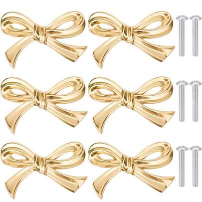 6/2pcs Set Brass Plated Gold Bow-Shaped Drawer Cabinet Handles, Vintage Decorative Gold-Plated Home Drawer Pulls, Vintage Vanity Knobs, Decorative Bow-Shaped Knobs, Vanity And Kitchen Cabinet Handles, Cabinet Drawer Pulls, Wardrobe Hardware, Suitable For Cabinets, Vanities, Tables, Nightstands, Wardrobes And Drawers