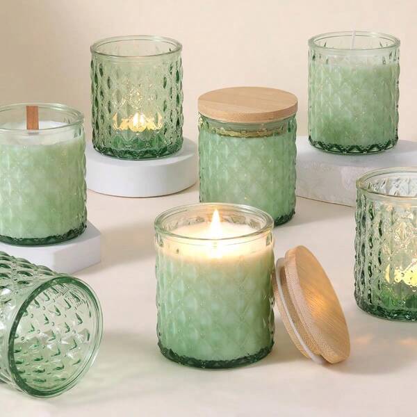 HS 8 Pack Green Candle Jars For Making Candles 7 OZ Empty Glass Candle Making Jars With Bamboo Lids For Candle Making Supplies Candle Containers Vessels For Home DIY Decoration