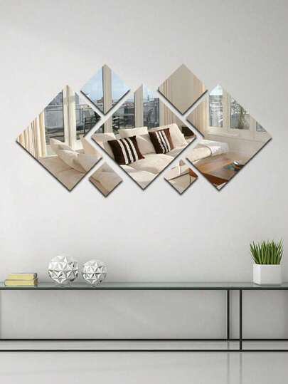 7pcs Diamond Shaped Combination Mirror Wall Sticker, Small/Medium/Large Sizes