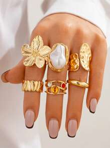 6 pièces/Set Bague en métal rétro décorée de fleurs et de pierres gemmes, bagues de style baroque élégantes avec faux perles, bagues punk rock dorées pour les phalanges, convenant pour un port quotidien, les fêtes, les cadeaux, accessoires de mode multifonctionnels, cadeaux pour la Saint-Valentin, la fête des Mères