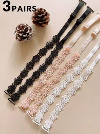 3pairs Women's Daisy-Shaped Bra Straps With Elasticity And Concealment, Can Be Exposed, Sexy Lingerie Accessory, White/Beige/Black