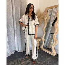 Wellenschnitt-Hosen-Sets für Frauen, lockere Revers-Kurzarmhemden, einreihige Hemden, lässige weite Hosen, Sommer-Outfit für Damen