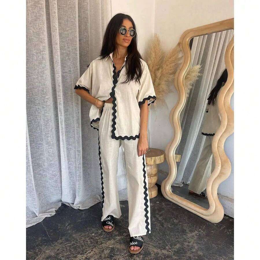 Wellenschnitt-Hosen-Sets für Frauen, lockere Revers-Kurzarmhemden, einreihige Hemden, lässige weite Hosen, Sommer-Outfit für Damen